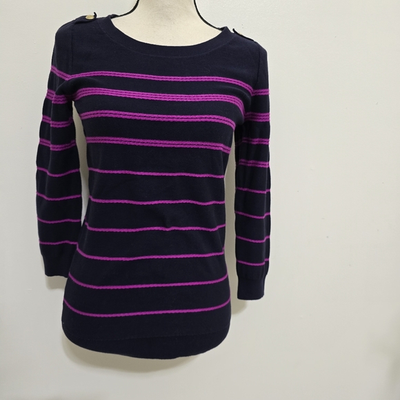BANANA REPUBLIC size Small Striped Pullover‎ Sweater Button Classic Preppy Navy - Picture 3 of 13